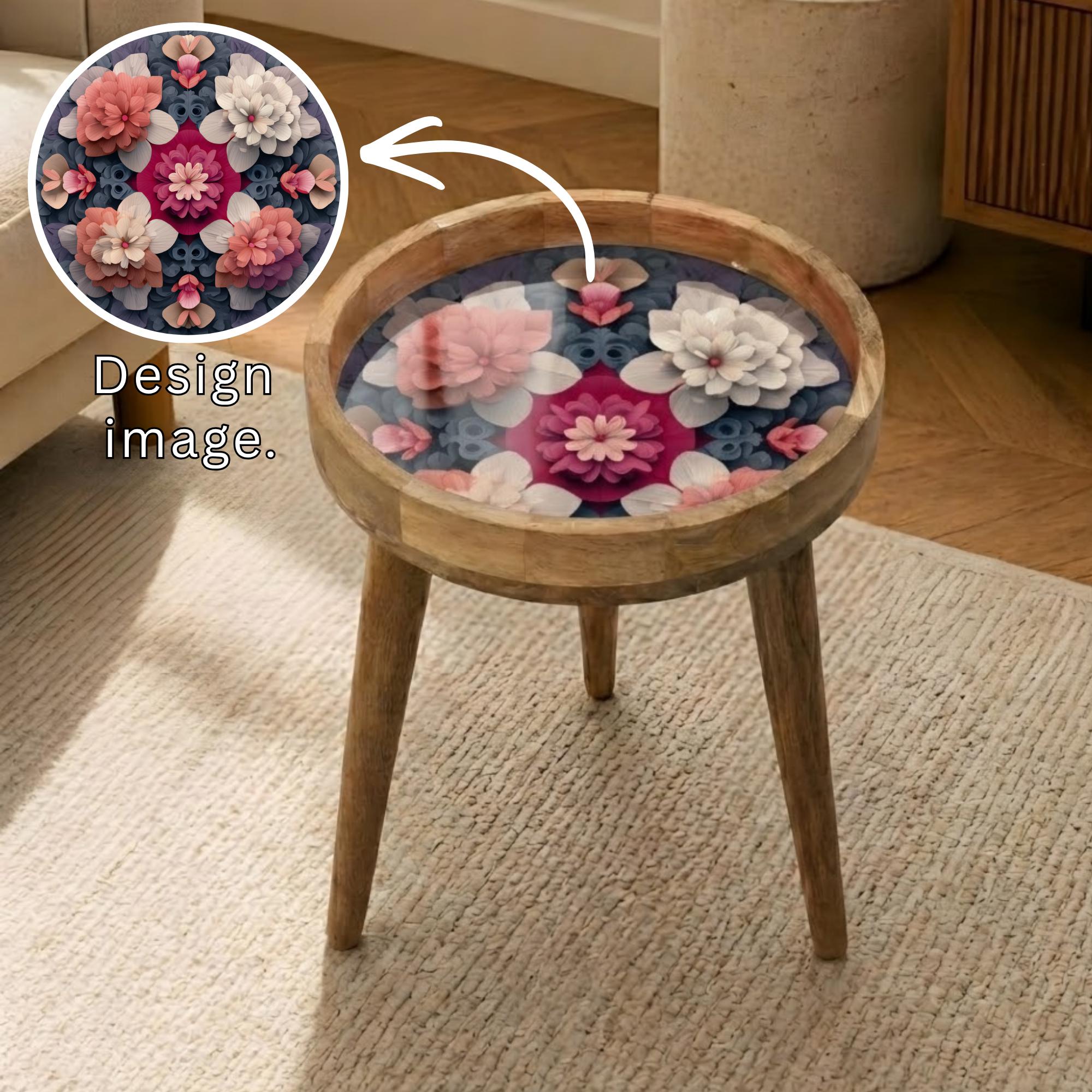 Floral Mango Wood Side Table | Handmade Boho Botanical Accent Furniture
