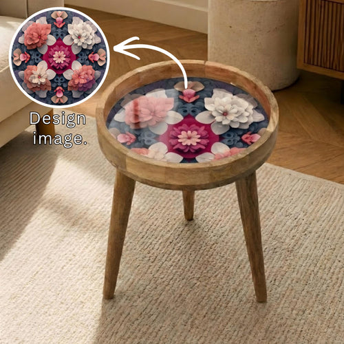 Floral Mango Wood Side Table | Handmade Boho Botanical Accent Furniture