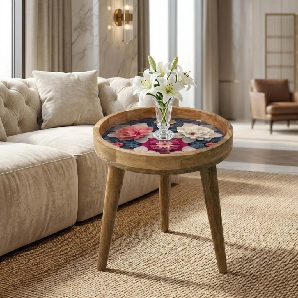 Floral Mango Wood Side Table | Handmade Boho Botanical Accent Furniture