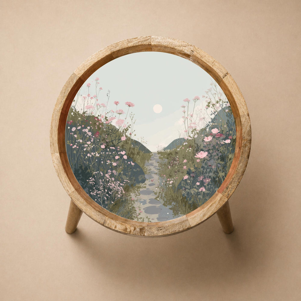 Handmade Mango Wood Side Table | Floral Meadow Landscape Nature Decor