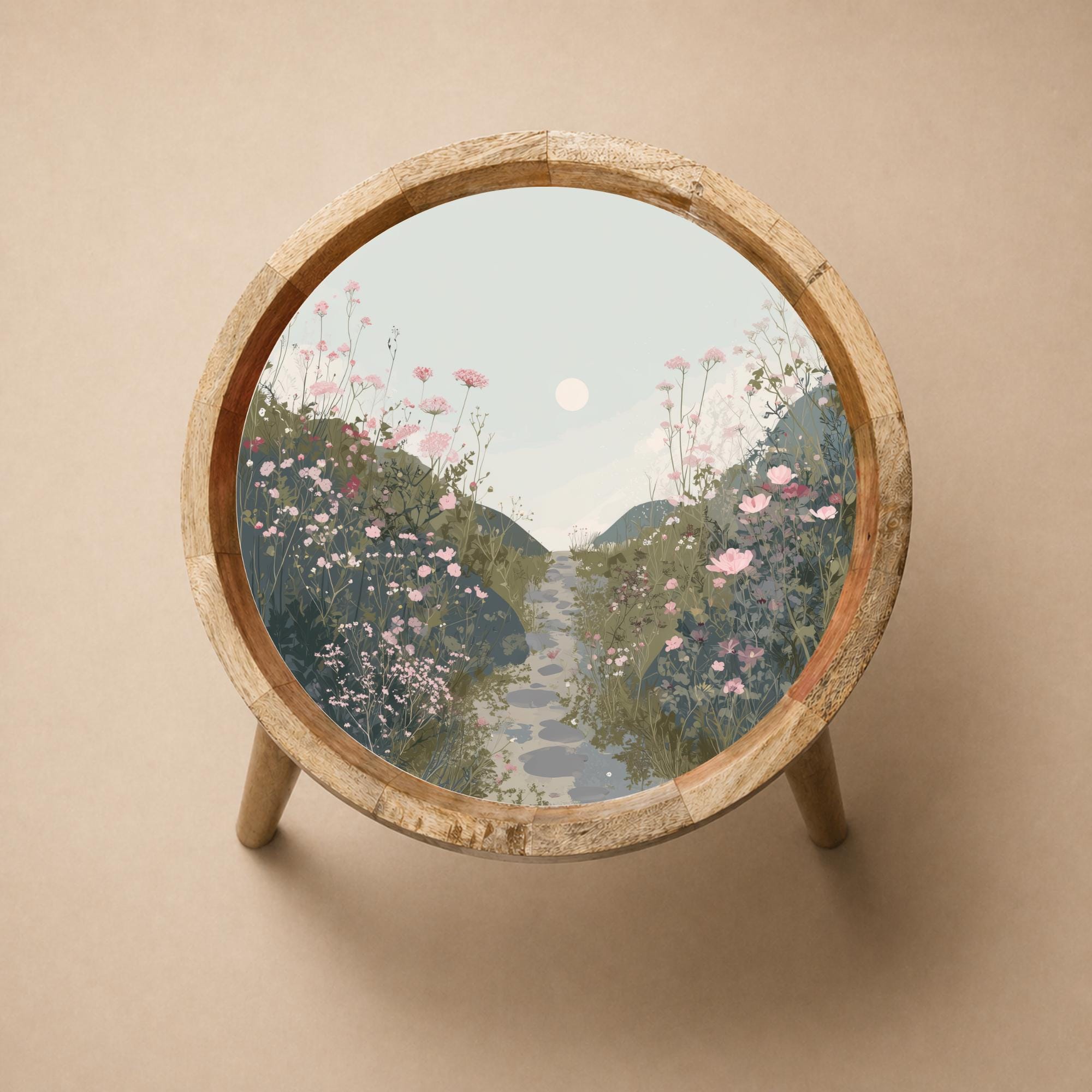 Handmade Mango Wood Side Table | Floral Meadow Landscape Nature Decor