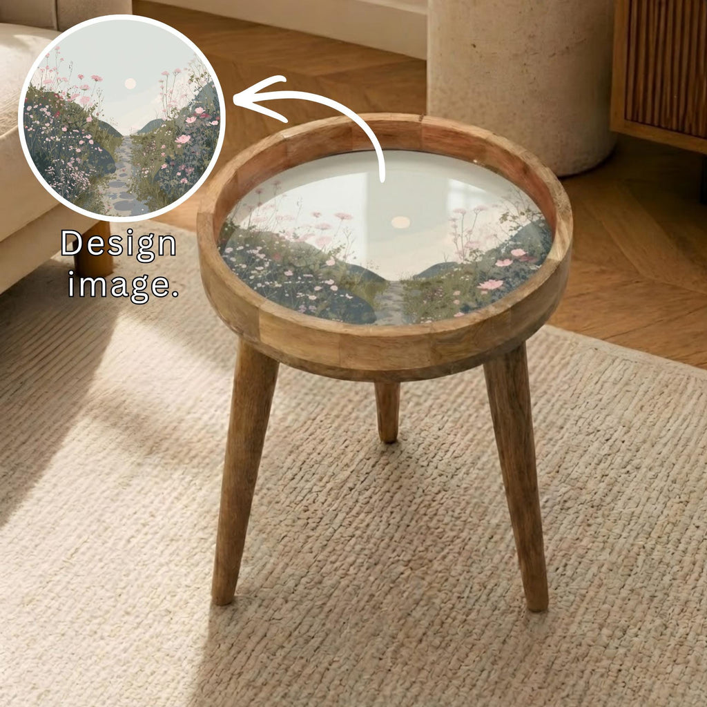 Handmade Mango Wood Side Table | Floral Meadow Landscape Nature Decor