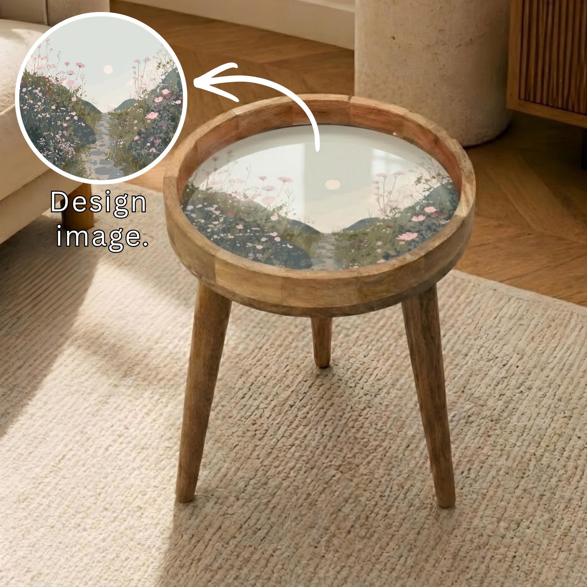 Handmade Mango Wood Side Table | Floral Meadow Landscape Nature Decor