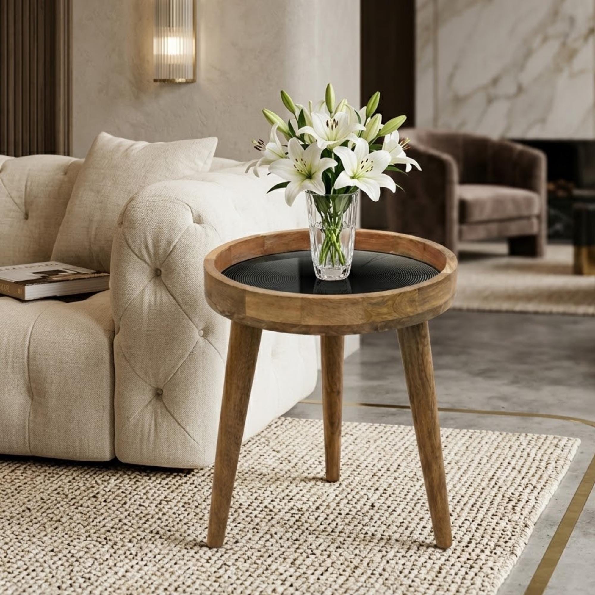 Abstract Spiral Mango Wood Side Table | Modern Black Accent Furniture | Handmade Decor