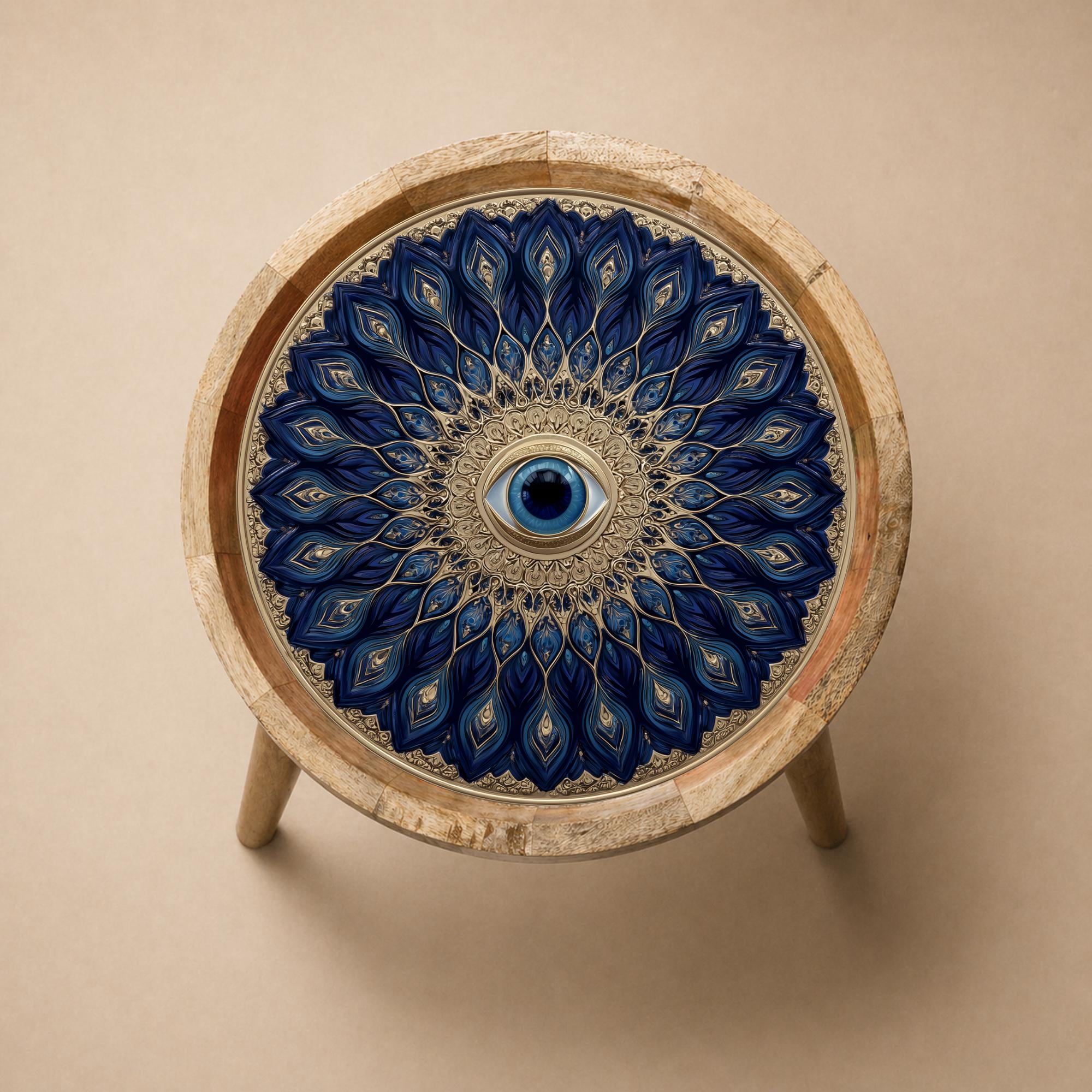 Evil Eye Mandala Mango Wood Side Table | Blue Boho Accent Furniture