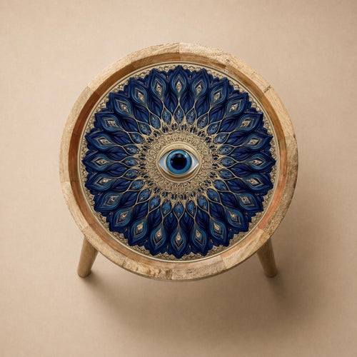 Evil Eye Mandala Mango Wood Side Table | Blue Boho Accent Furniture