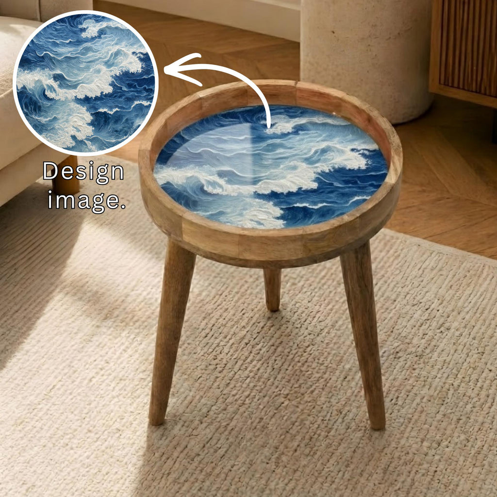 Ocean Wave Mango Wood Side Table | Coastal Boho Accent Furniture