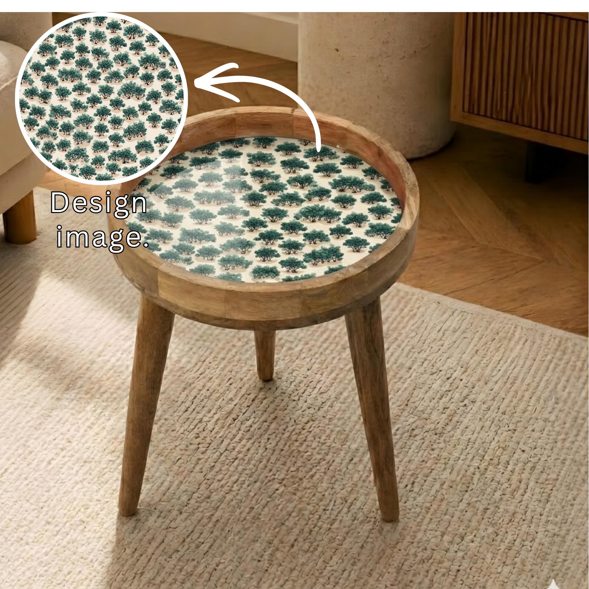 Mango Wood Side Table | Botanical Tree Print Accent Furniture