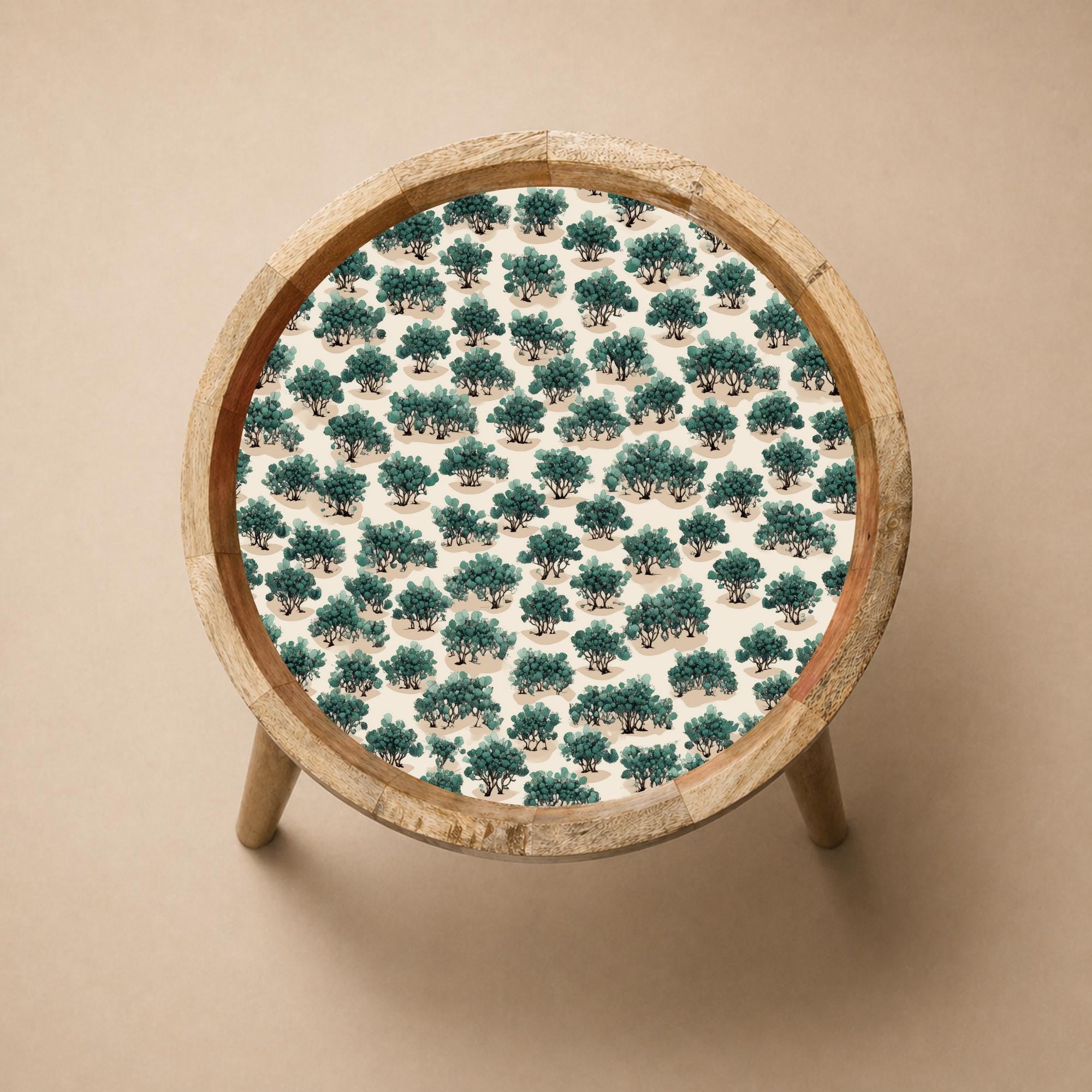 Mango Wood Side Table | Botanical Tree Print Accent Furniture