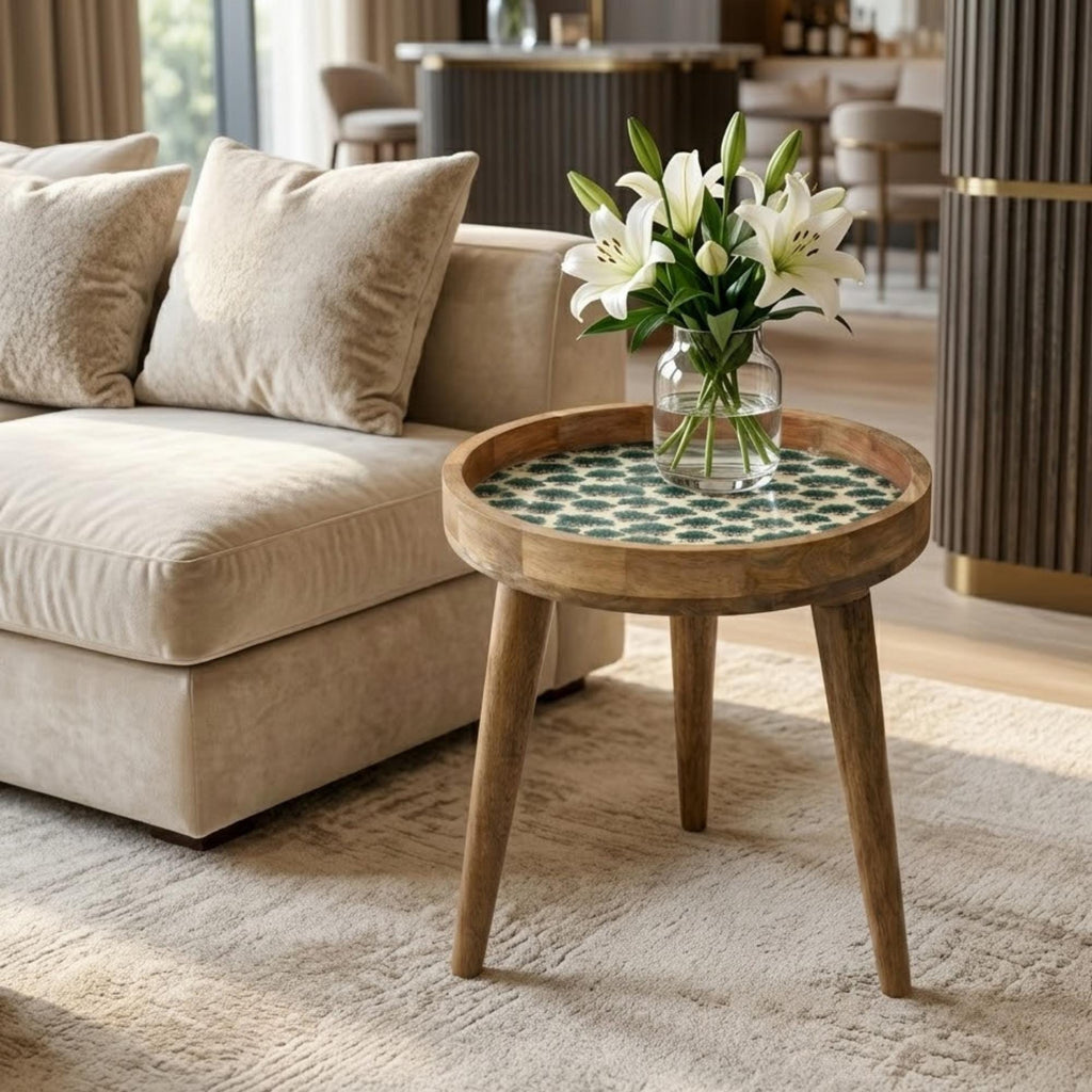 Mango Wood Side Table | Botanical Tree Print Accent Furniture