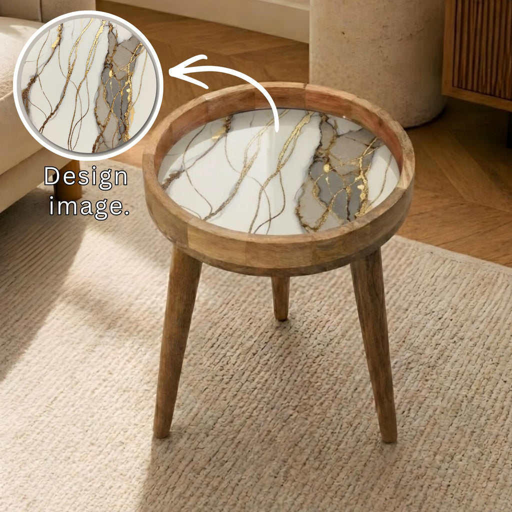 Handmade Marble Print Mango Wood Side Table | Gold Vein Accent Furniture