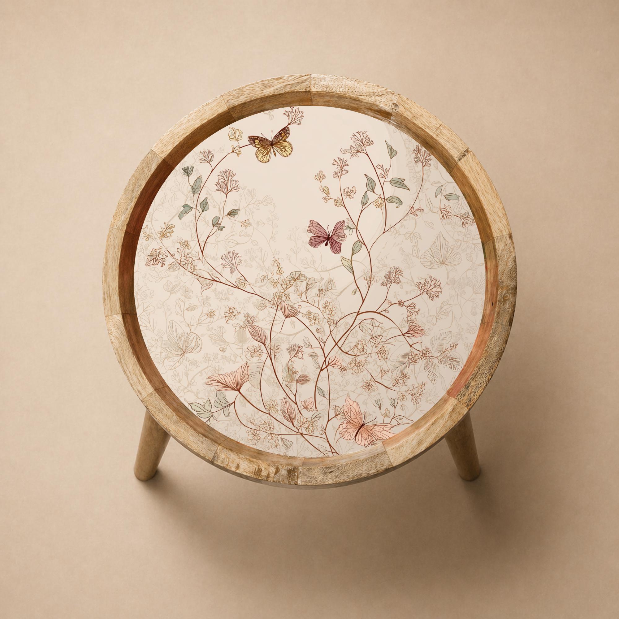Mango Wood Side Table | Butterfly Floral Botanical Print, Cottagecore Accent Furniture