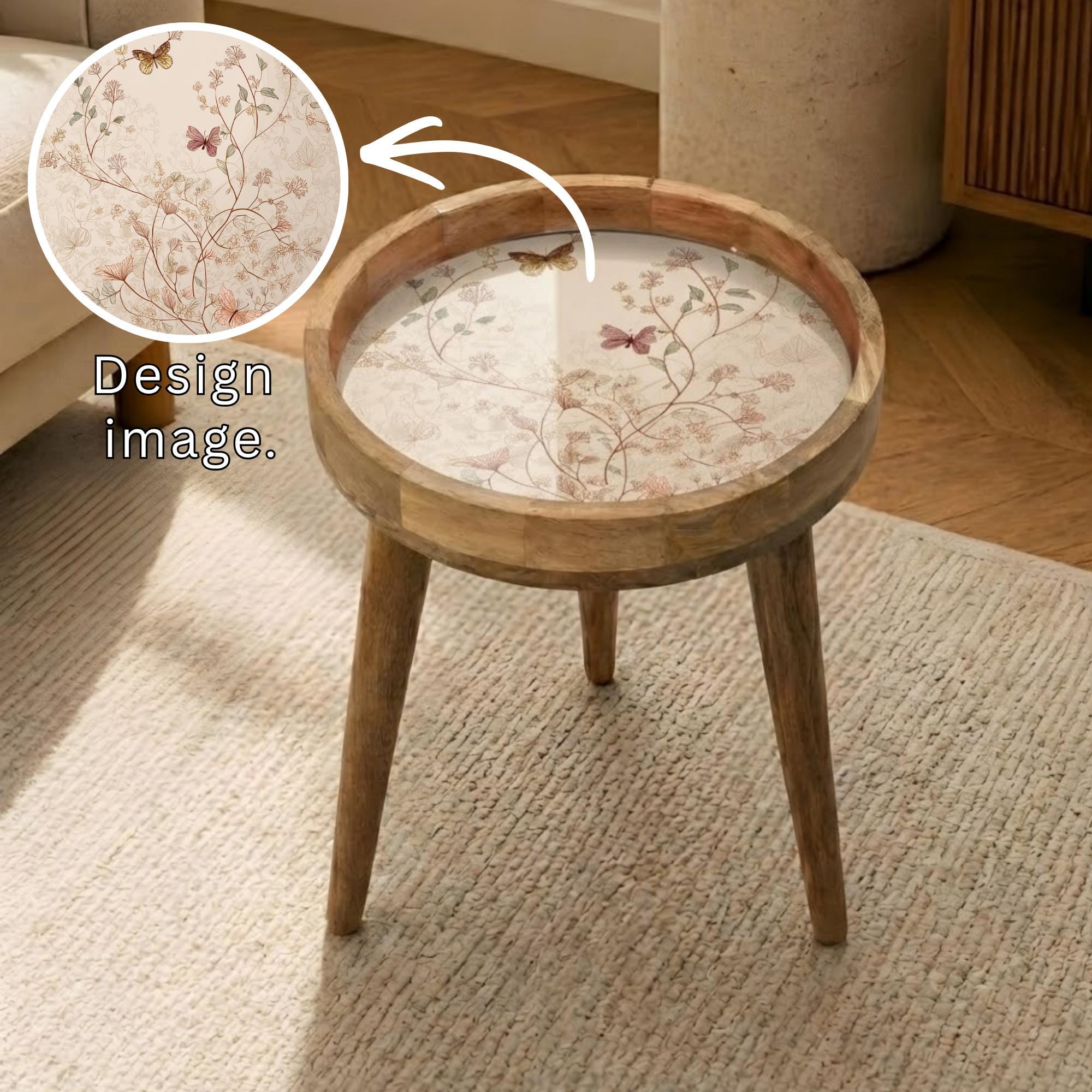 Mango Wood Side Table | Butterfly Floral Botanical Print, Cottagecore Accent Furniture