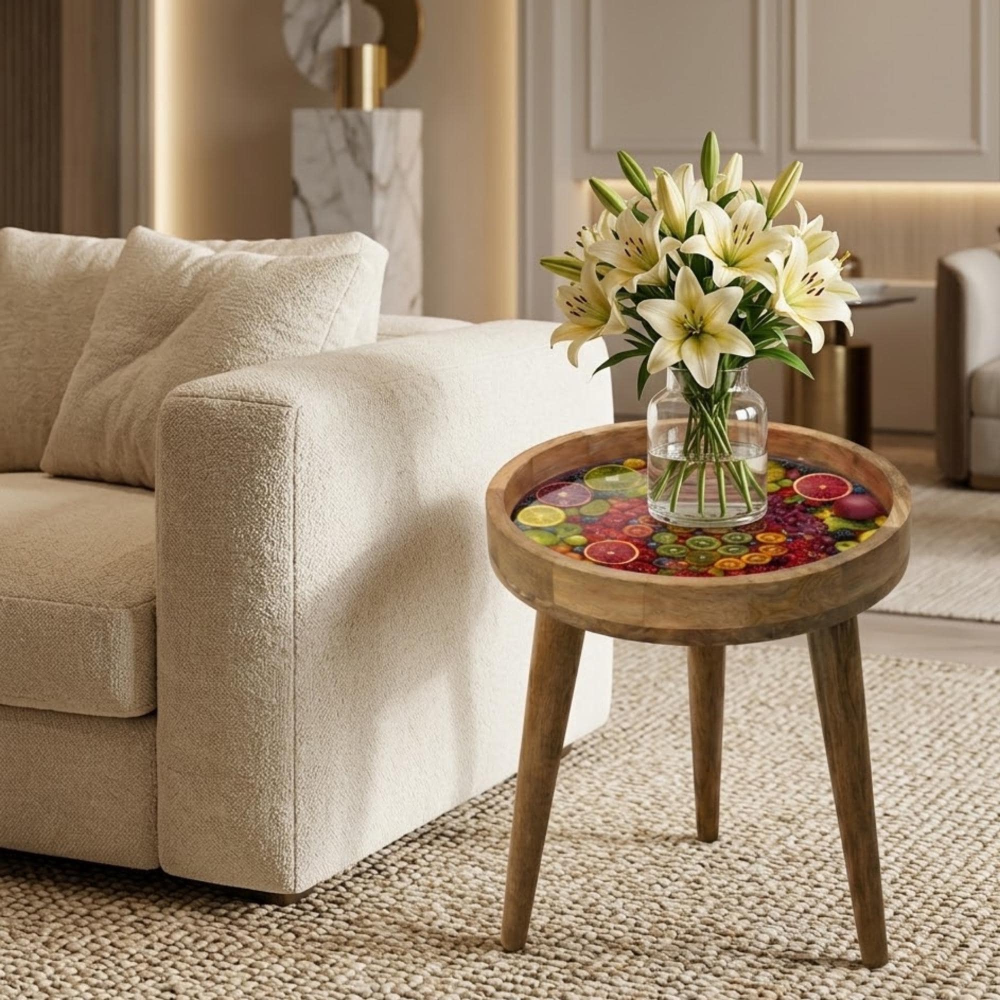 Handmade Mango Wood Side Table | Vibrant Fruit Print Accent Furniture