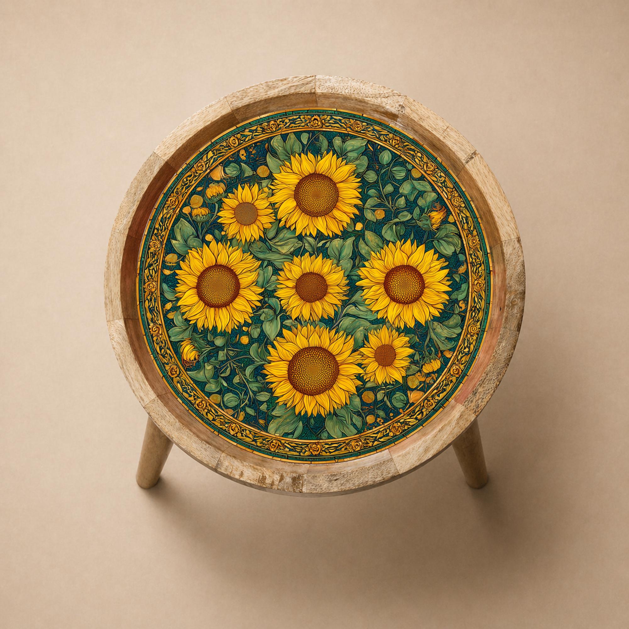 Sunflower Printed Mango Wood Side Table | Boho Farmhouse Accent Furniture