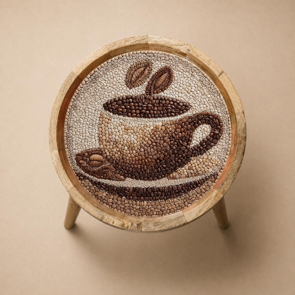 Mango Wood Side Table | Coffee Cup Print, Rustic Farmhouse Accent Furniture