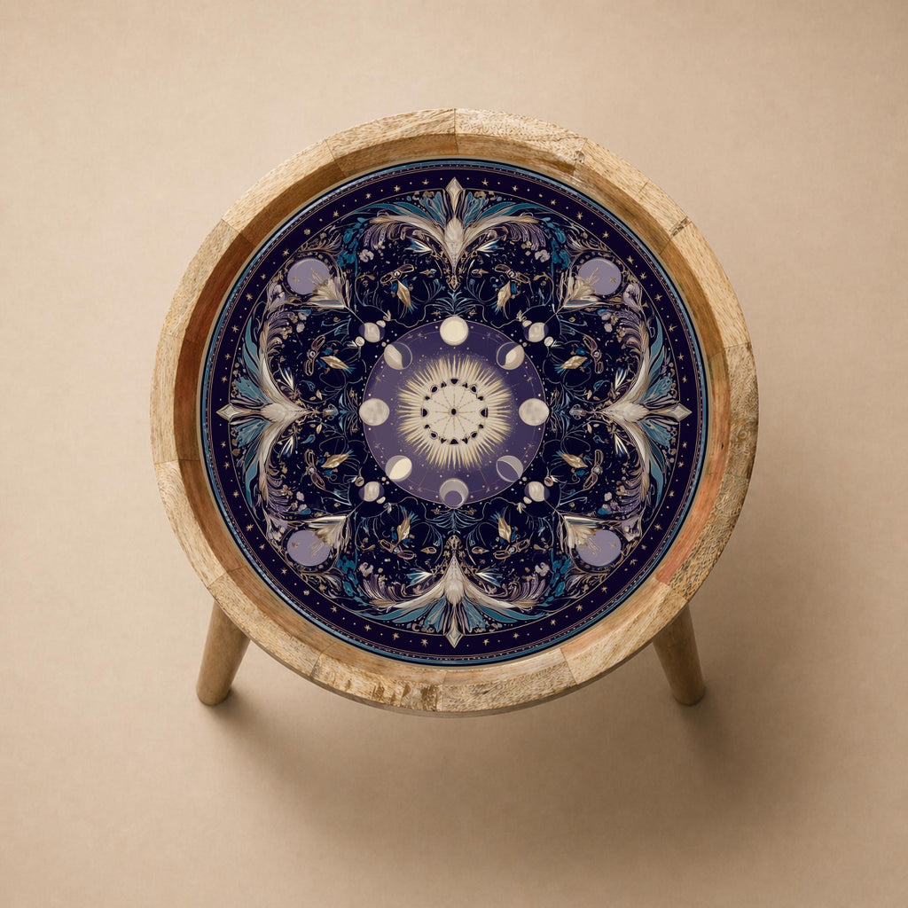 Celestial Mandala Mango Wood Side Table | Boho Cosmic Accent Furniture