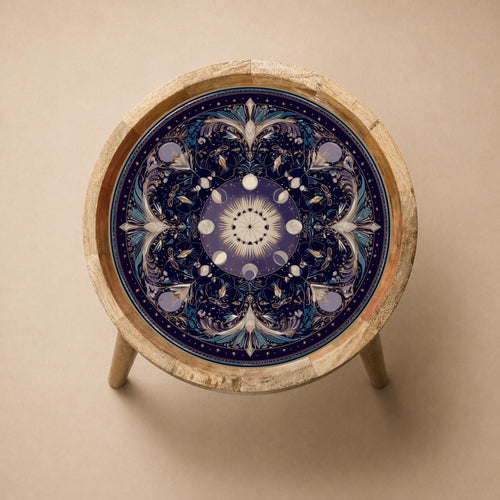 Celestial Mandala Mango Wood Side Table | Boho Cosmic Accent Furniture