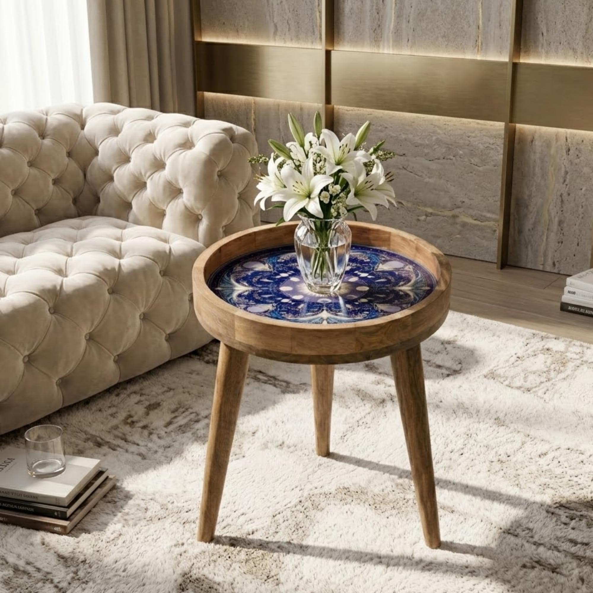 Celestial Mandala Mango Wood Side Table | Boho Cosmic Accent Furniture