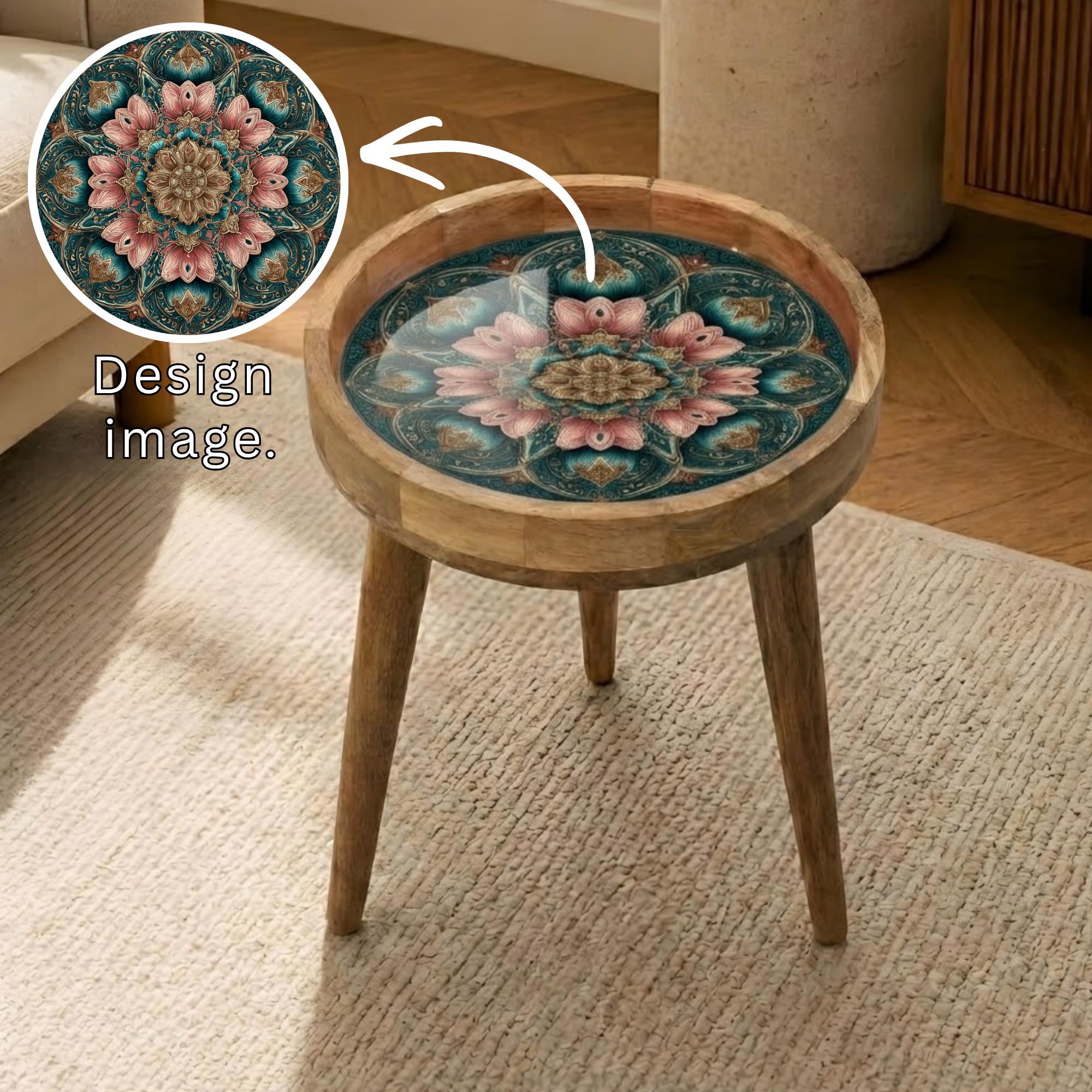 Floral Mandala Mango Wood Side Table | Boho Lotus Accent Furniture