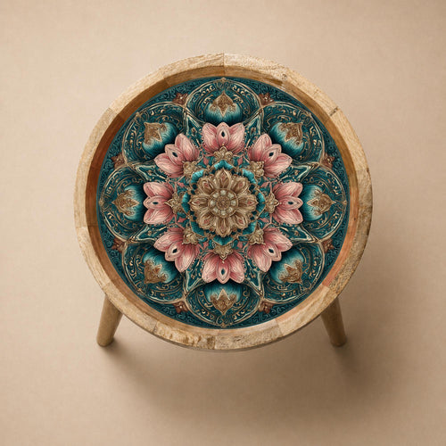 Floral Mandala Mango Wood Side Table | Boho Lotus Accent Furniture
