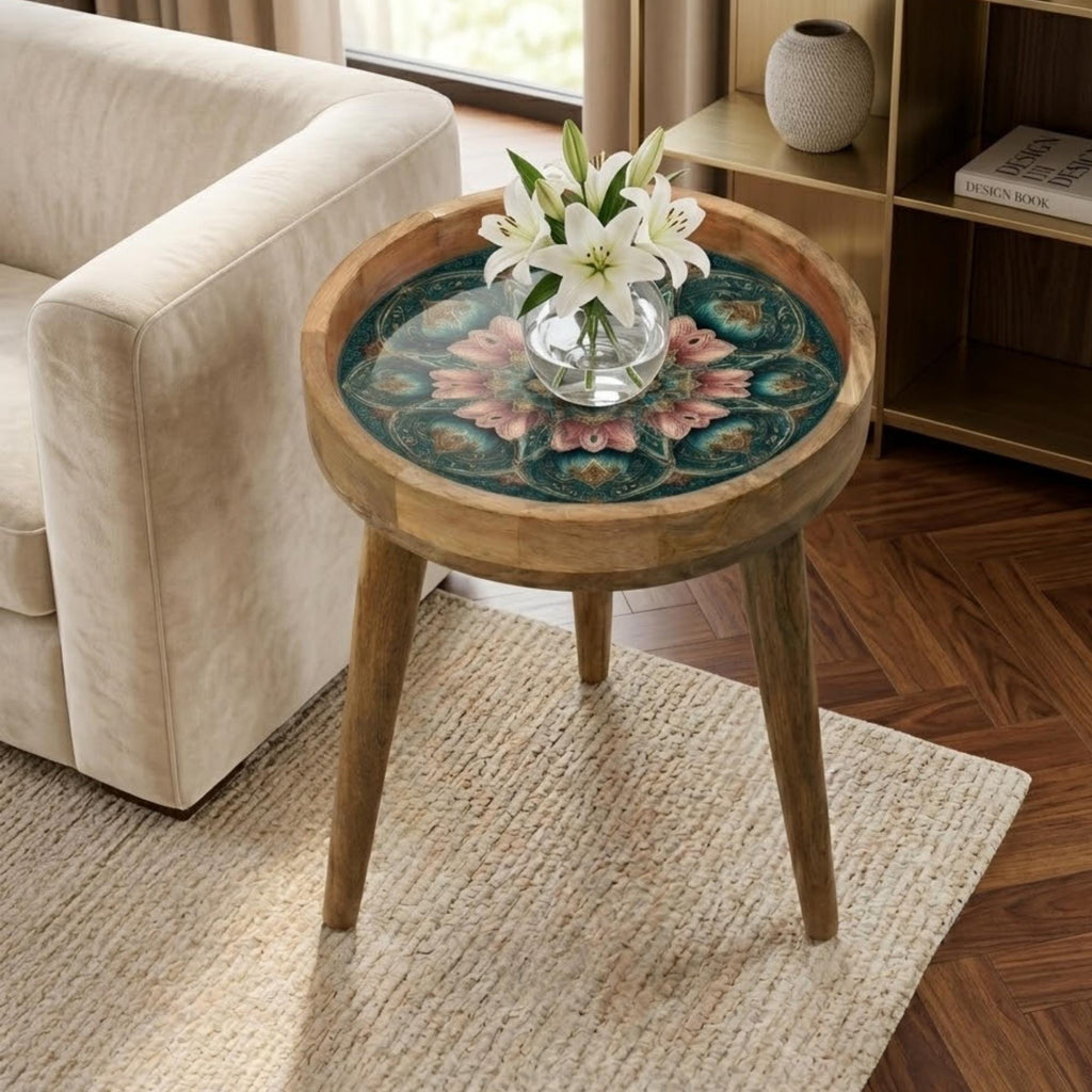 Floral Mandala Mango Wood Side Table | Boho Lotus Accent Furniture