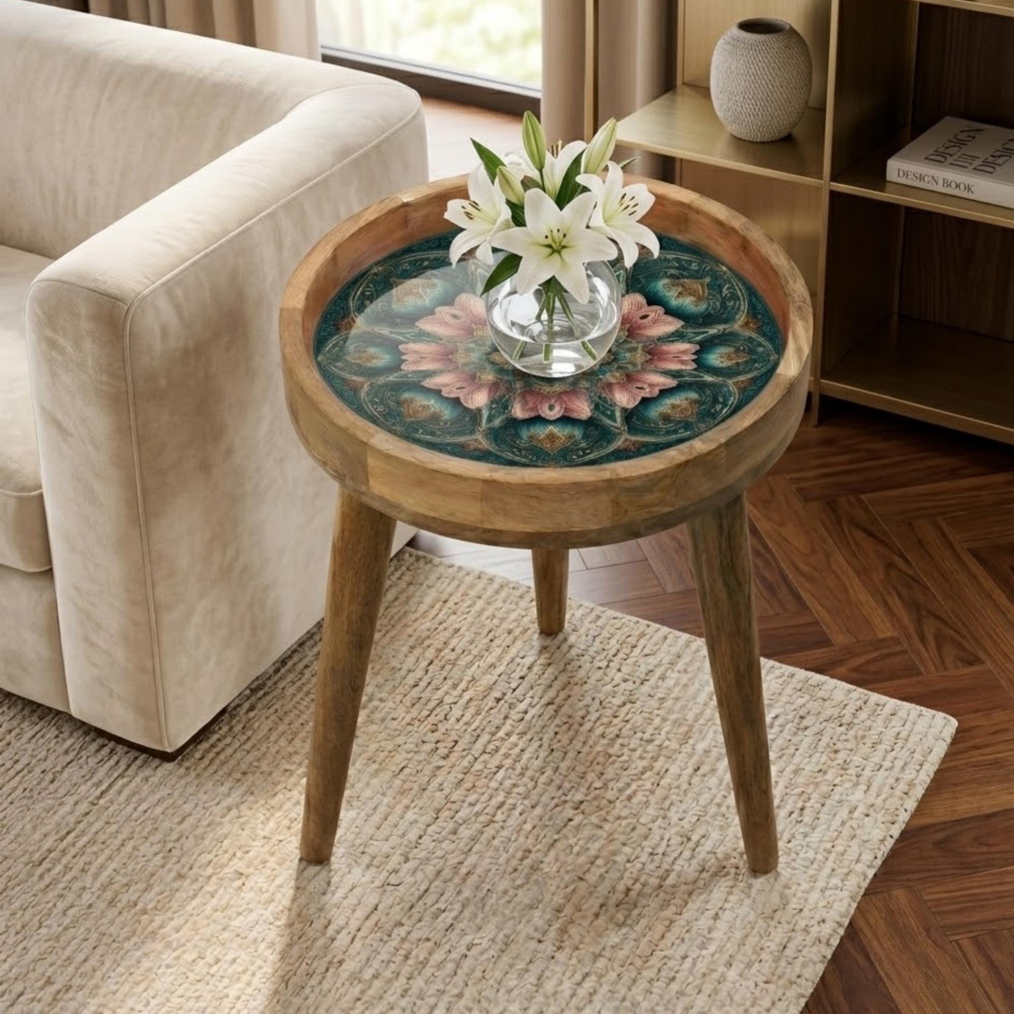 Floral Mandala Mango Wood Side Table | Boho Lotus Accent Furniture