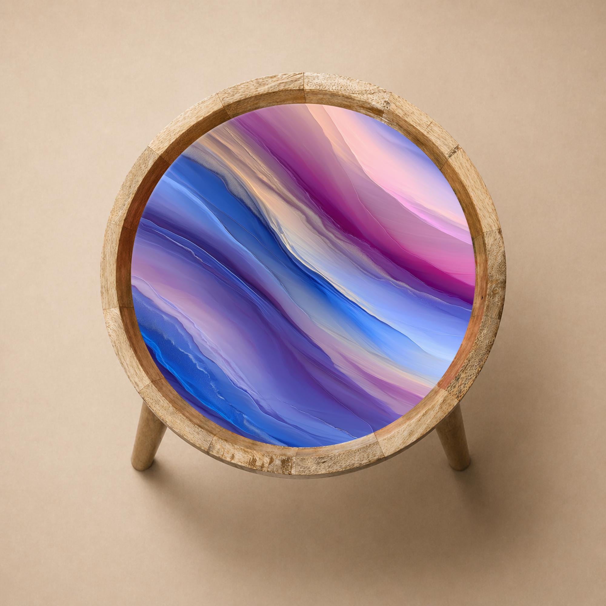 Abstract Mango Wood Side Table | Modern Boho Accent Furniture, Purple Blue Pink Waves