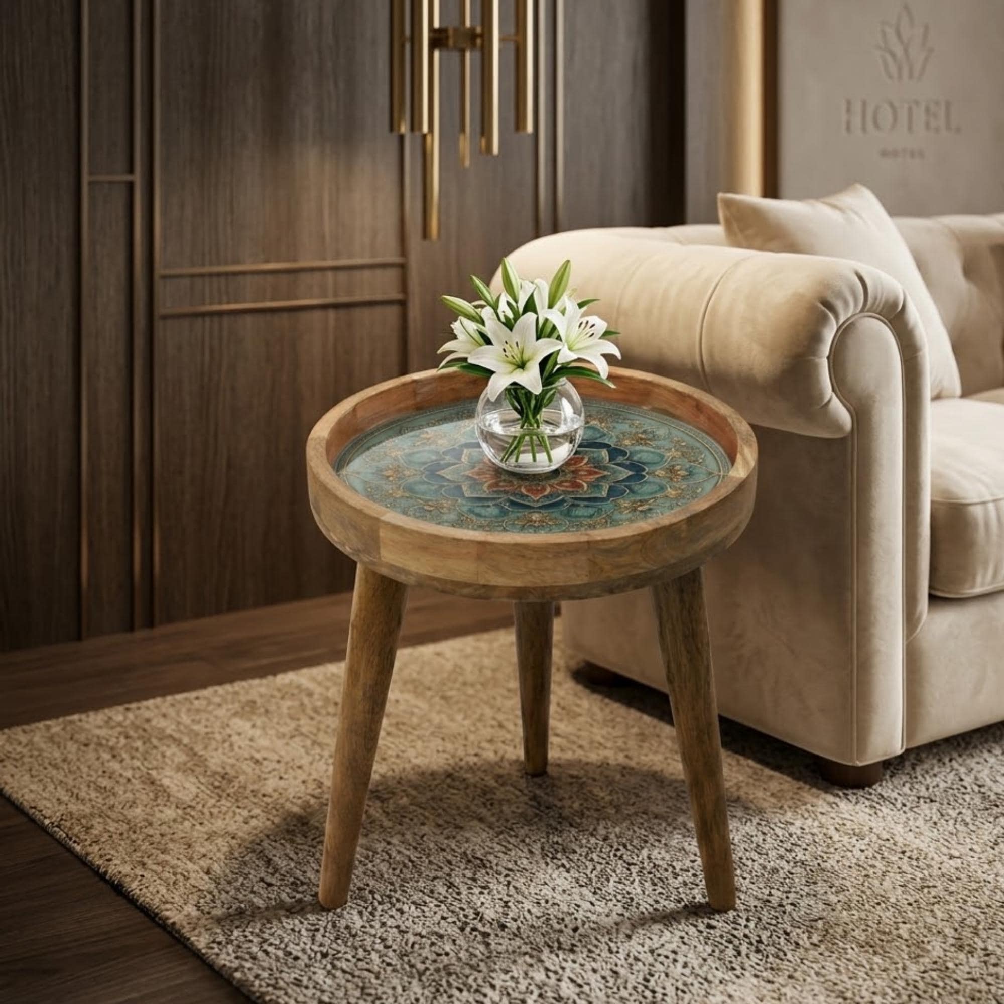Handmade Mango Wood Side Table | Boho Floral Mandala Accent Furniture