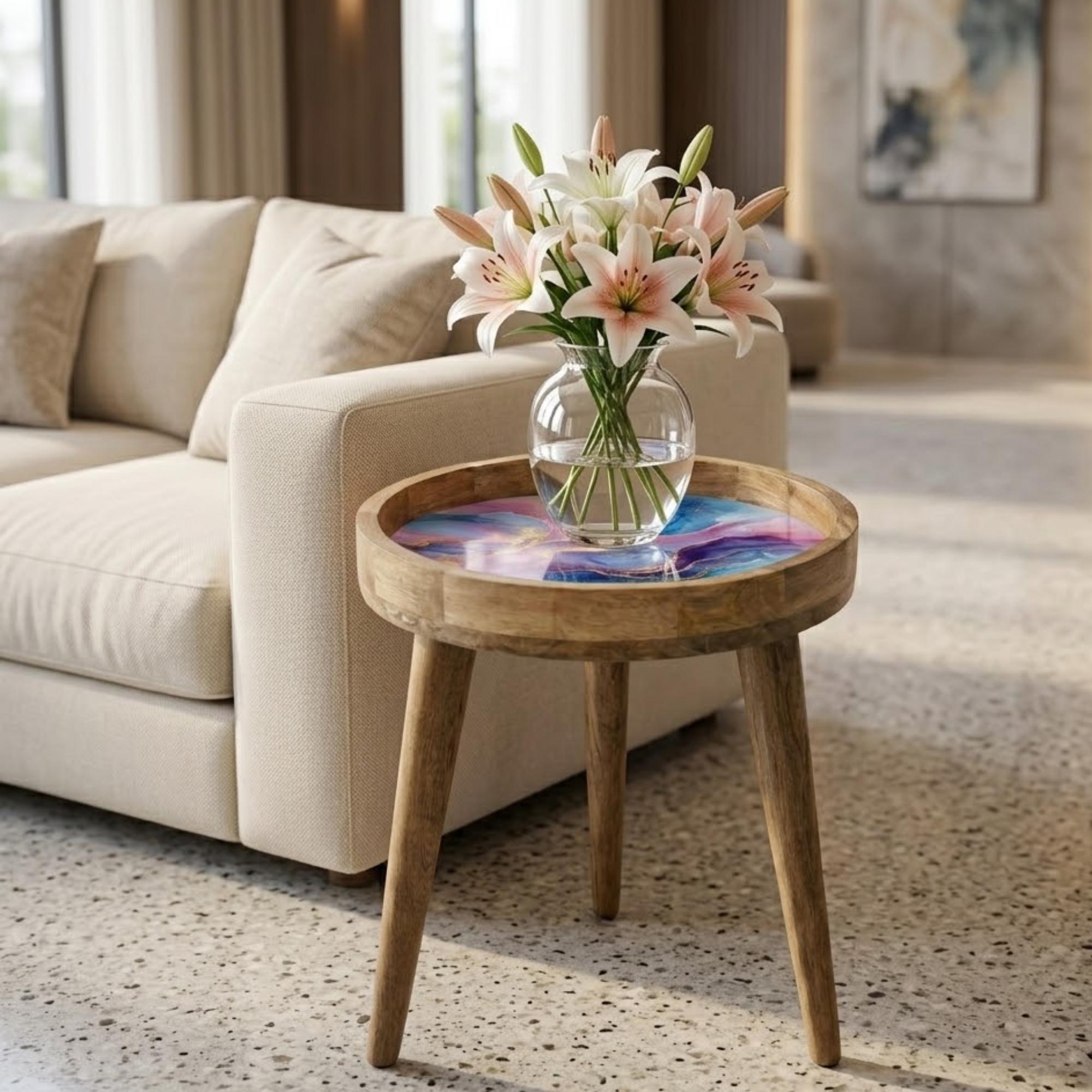 Abstract Marble Mango Wood Side Table | Boho Accent Furniture, Colorful Handmade Accent