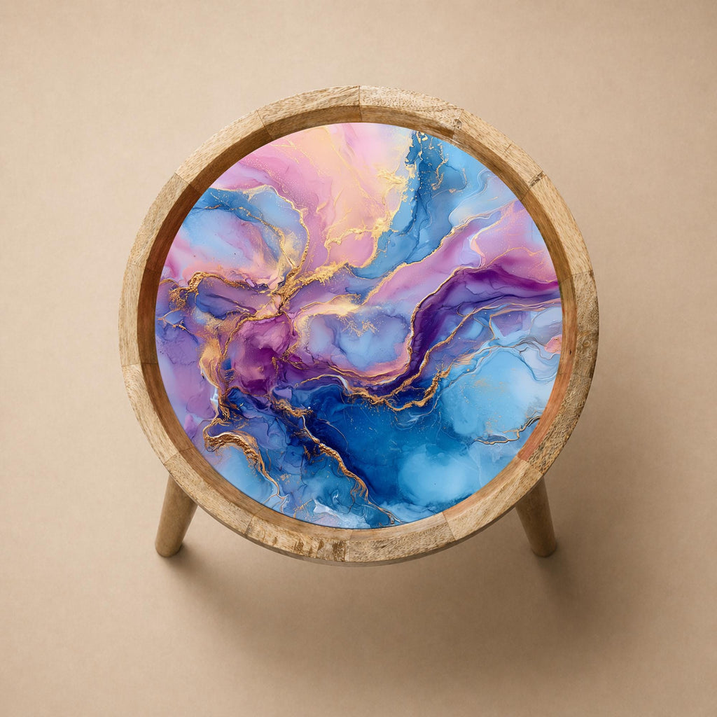 Abstract Marble Mango Wood Side Table | Boho Accent Furniture, Colorful Handmade Accent