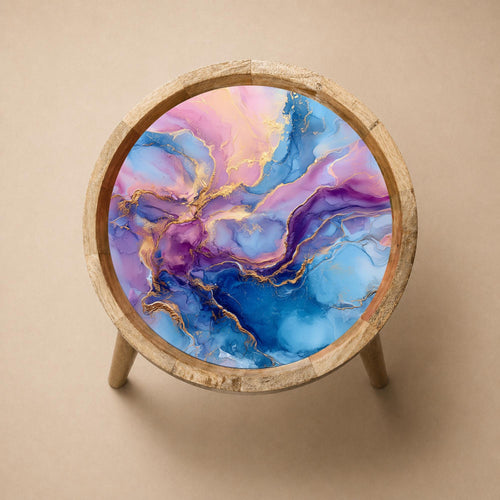 Abstract Marble Mango Wood Side Table | Boho Accent Furniture, Colorful Handmade Accent
