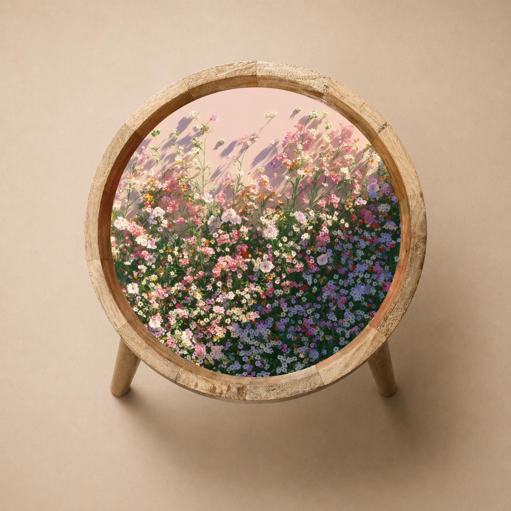 Floral Meadow Printed Mango Wood Side Table | Cottagecore End Table | Handmade Botanical Accent Furniture