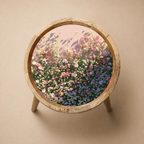 Floral Meadow Printed Mango Wood Side Table | Cottagecore End Table | Handmade Botanical Accent Furniture