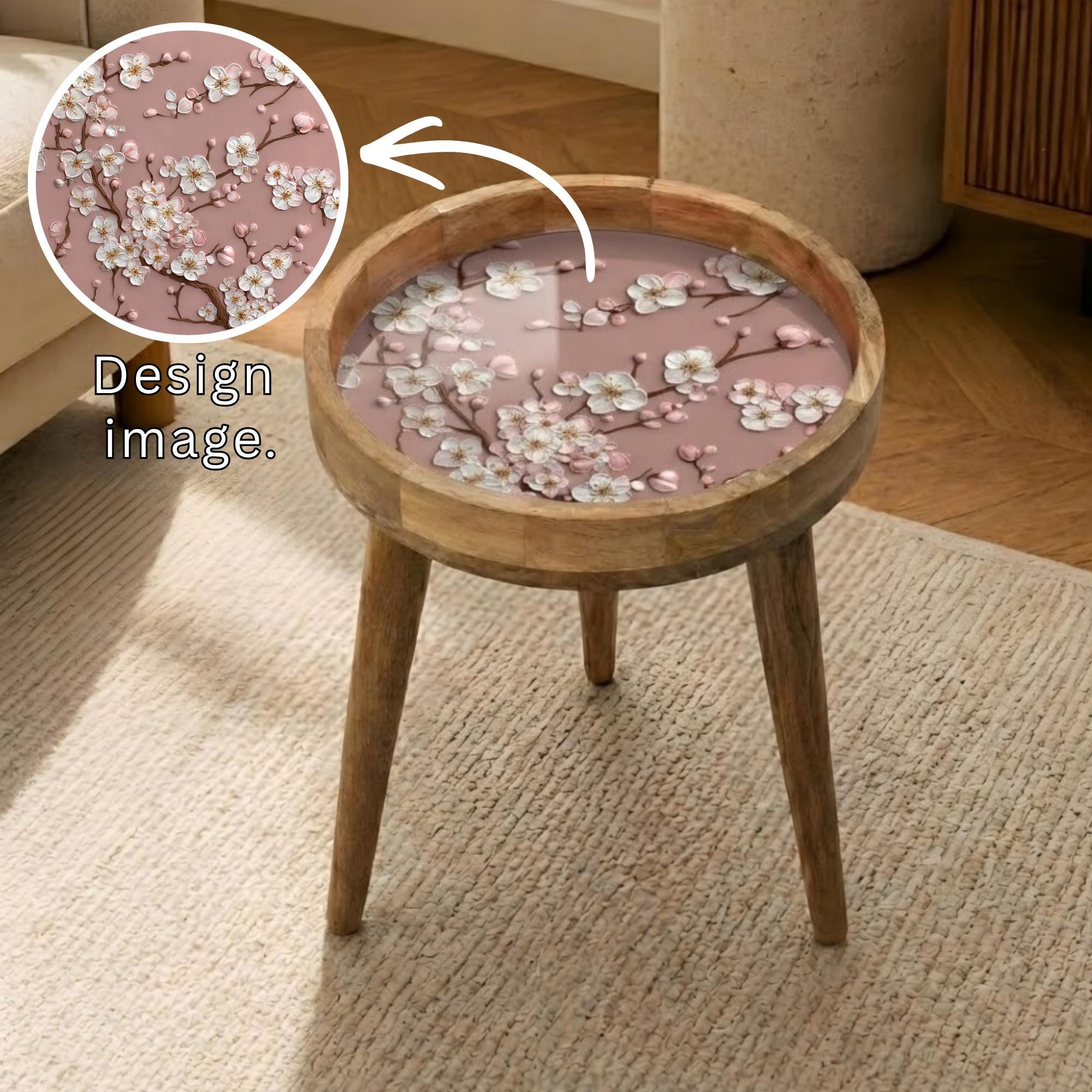 Cherry Blossom Mango Wood Side Table | Pink Floral Cottagecore Accent Furniture