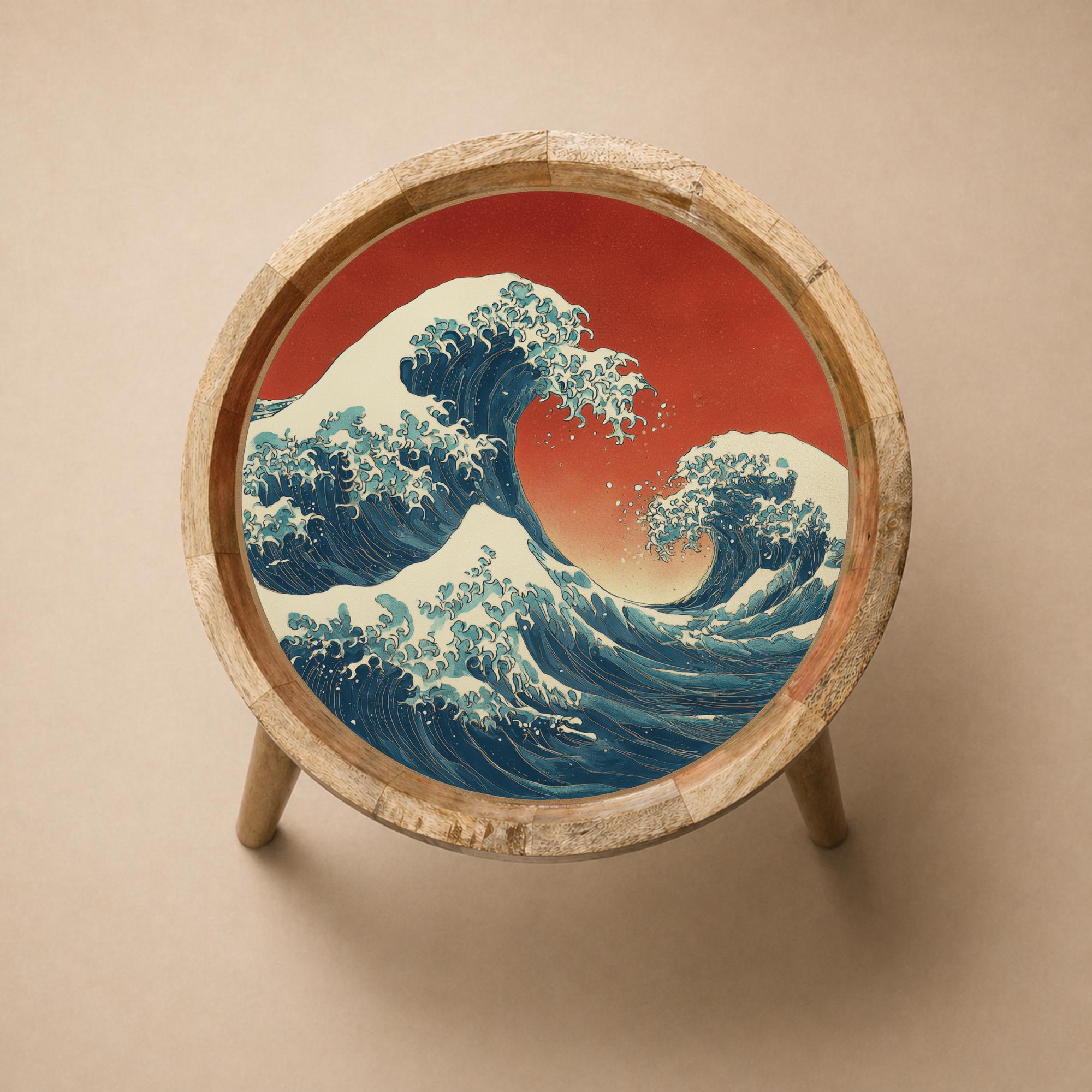Japanese Wave Mango Wood Side Table | Coastal Ocean Art Accent Furniture