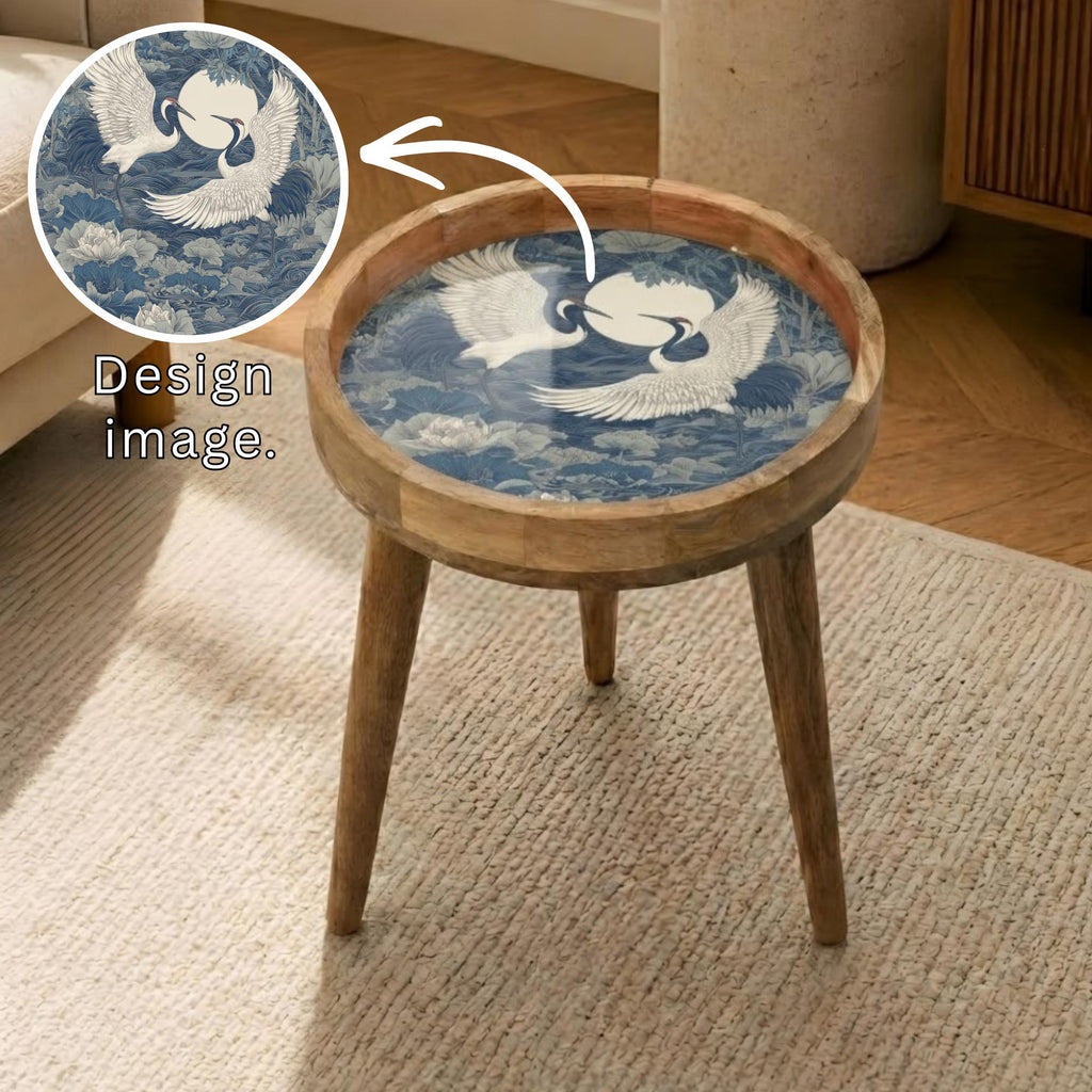 Crane Bird Mango Wood Side Table | Japanese Style Accent Furniture