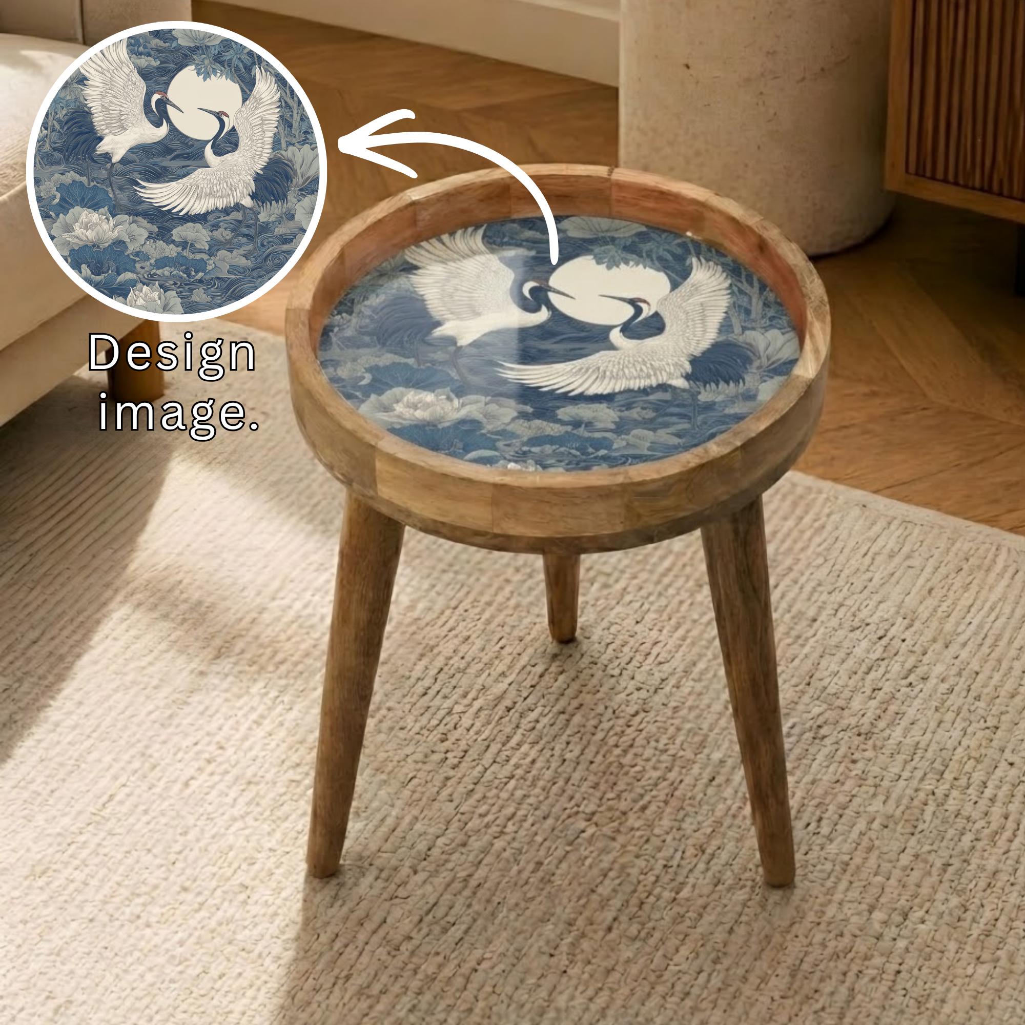 Crane Bird Mango Wood Side Table | Japanese Style Accent Furniture