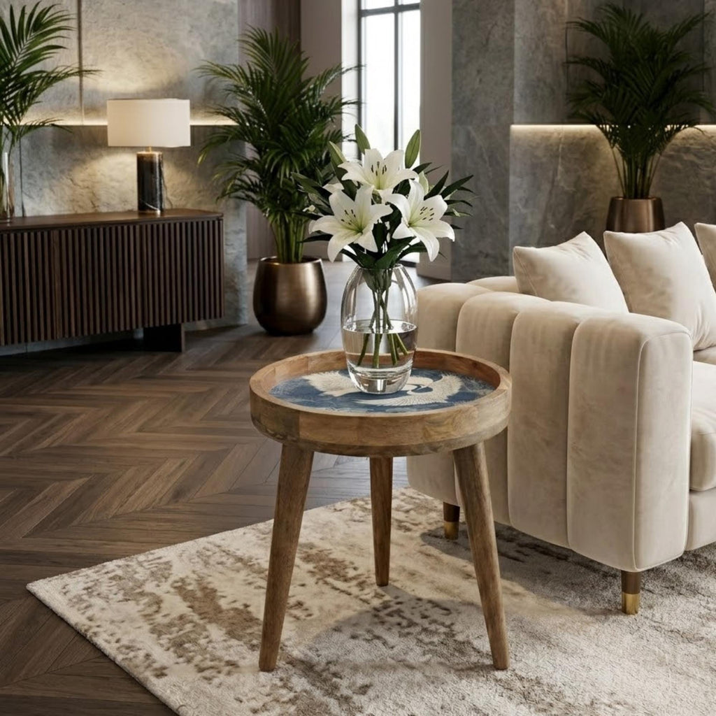 Crane Bird Mango Wood Side Table | Japanese Style Accent Furniture