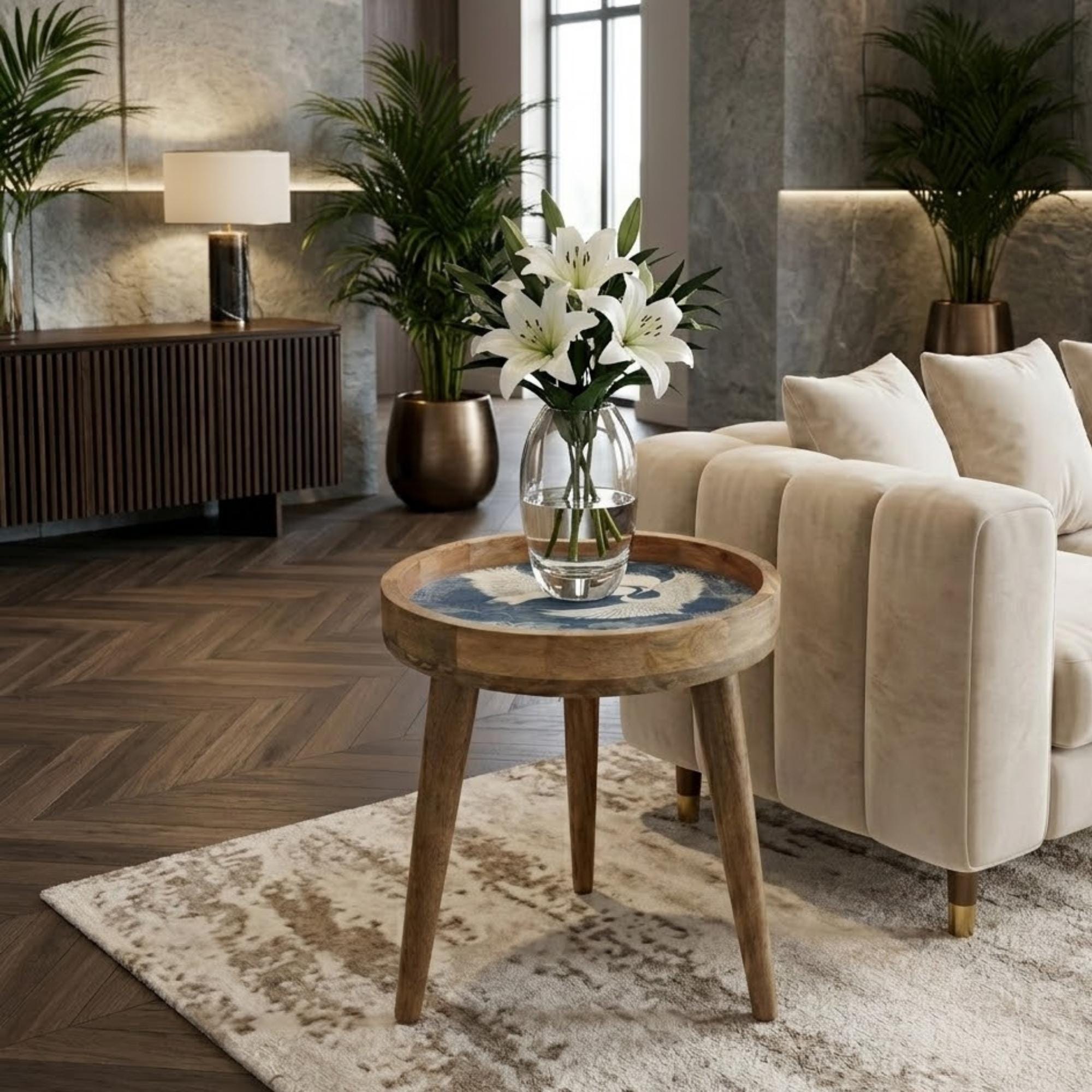 Crane Bird Mango Wood Side Table | Japanese Style Accent Furniture