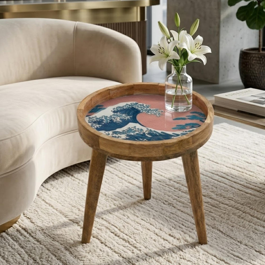 Japanese Wave Mango Wood Side Table | Pink Coastal Accent Furniture