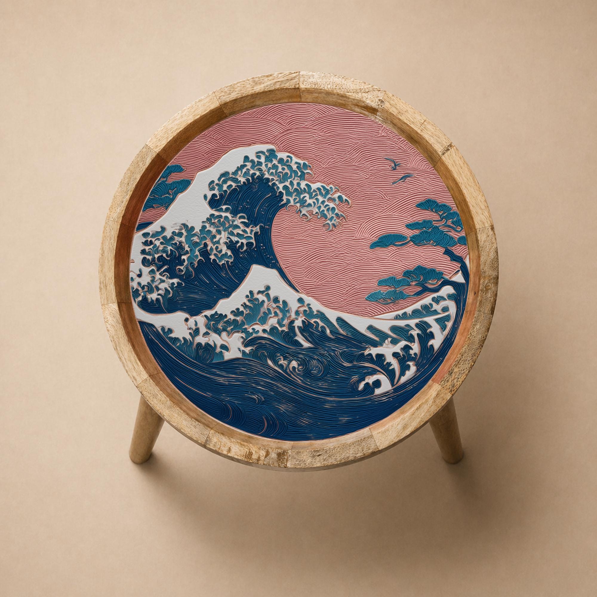 Japanese Wave Mango Wood Side Table | Pink Coastal Accent Furniture