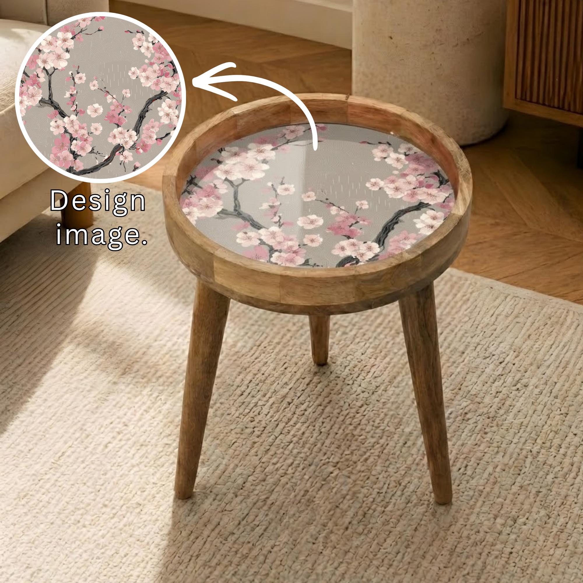 Cherry Blossom Mango Wood Side Table | Japanese Floral Accent Furniture