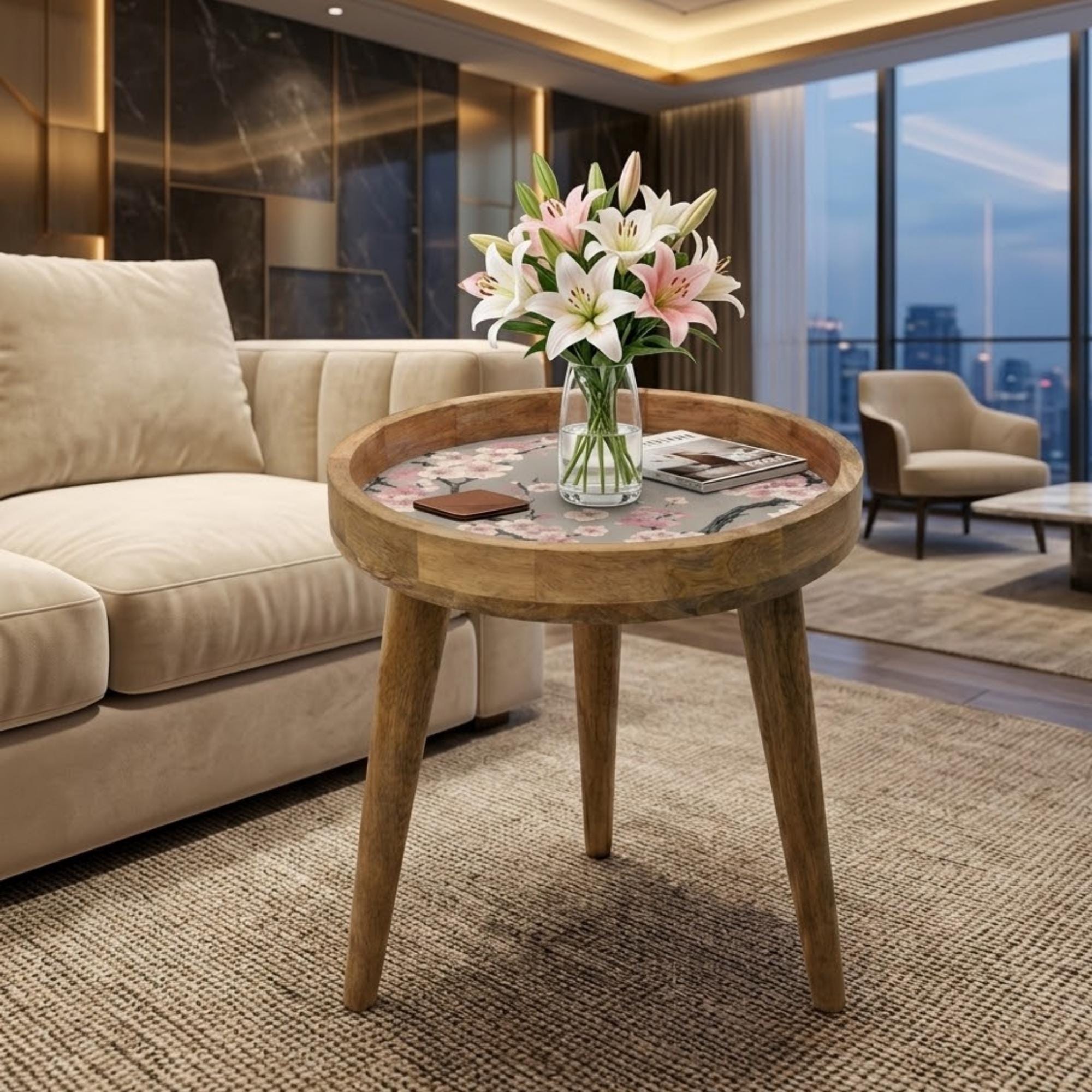 Cherry Blossom Mango Wood Side Table | Japanese Floral Accent Furniture