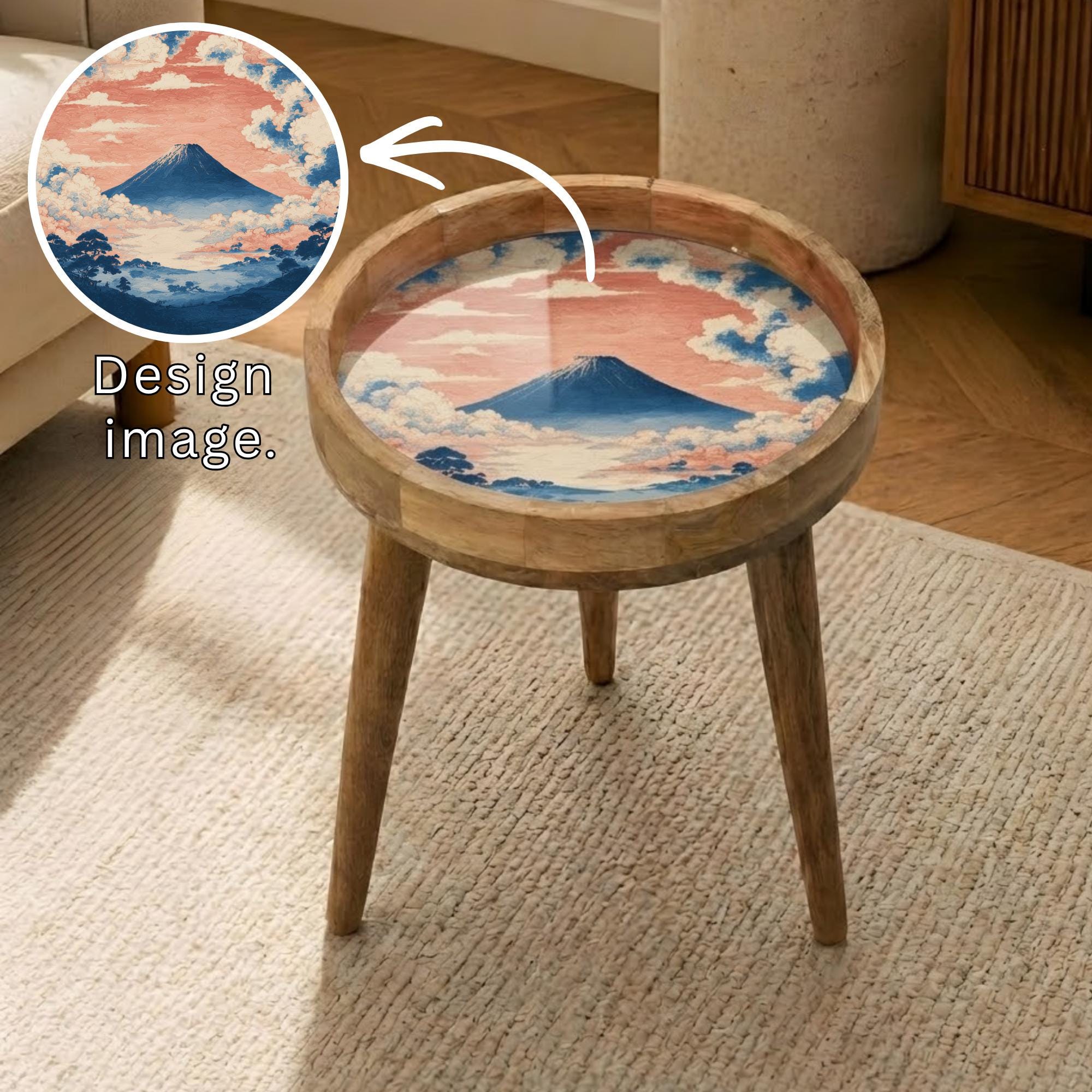 Handmade Mango Wood Side Table | Mount Fuji Japanese Landscape Accent Furniture