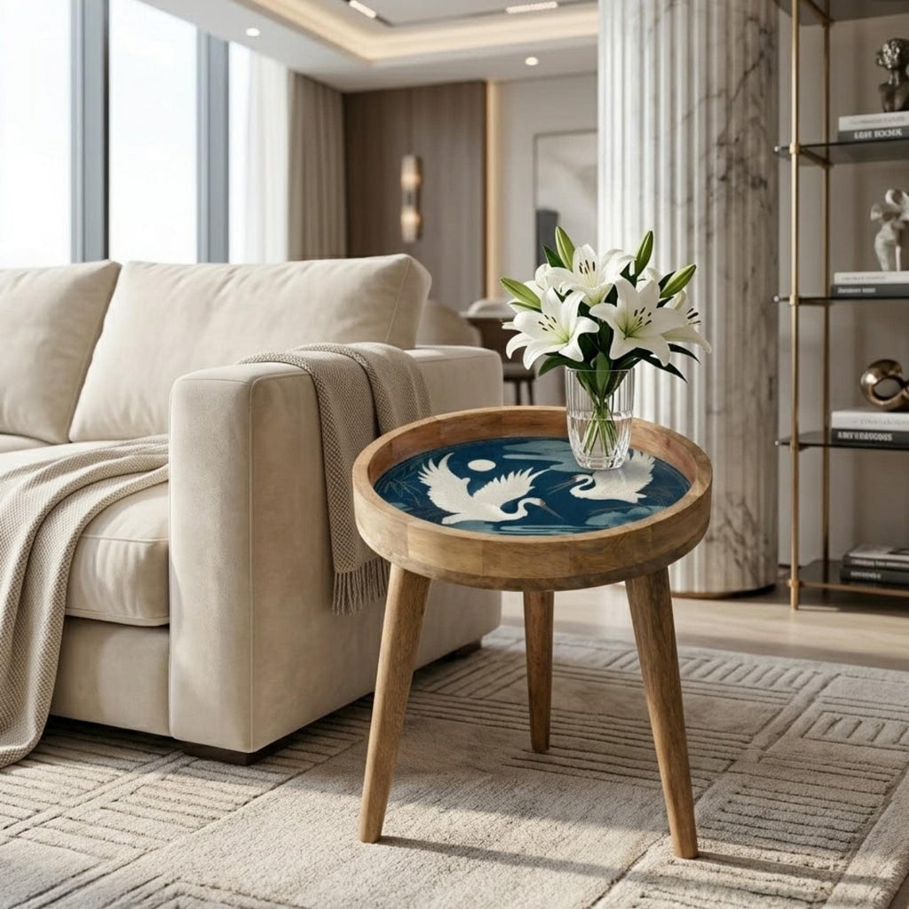 Crane Bird Mango Wood Side Table | Japanese Art Accent Furniture
