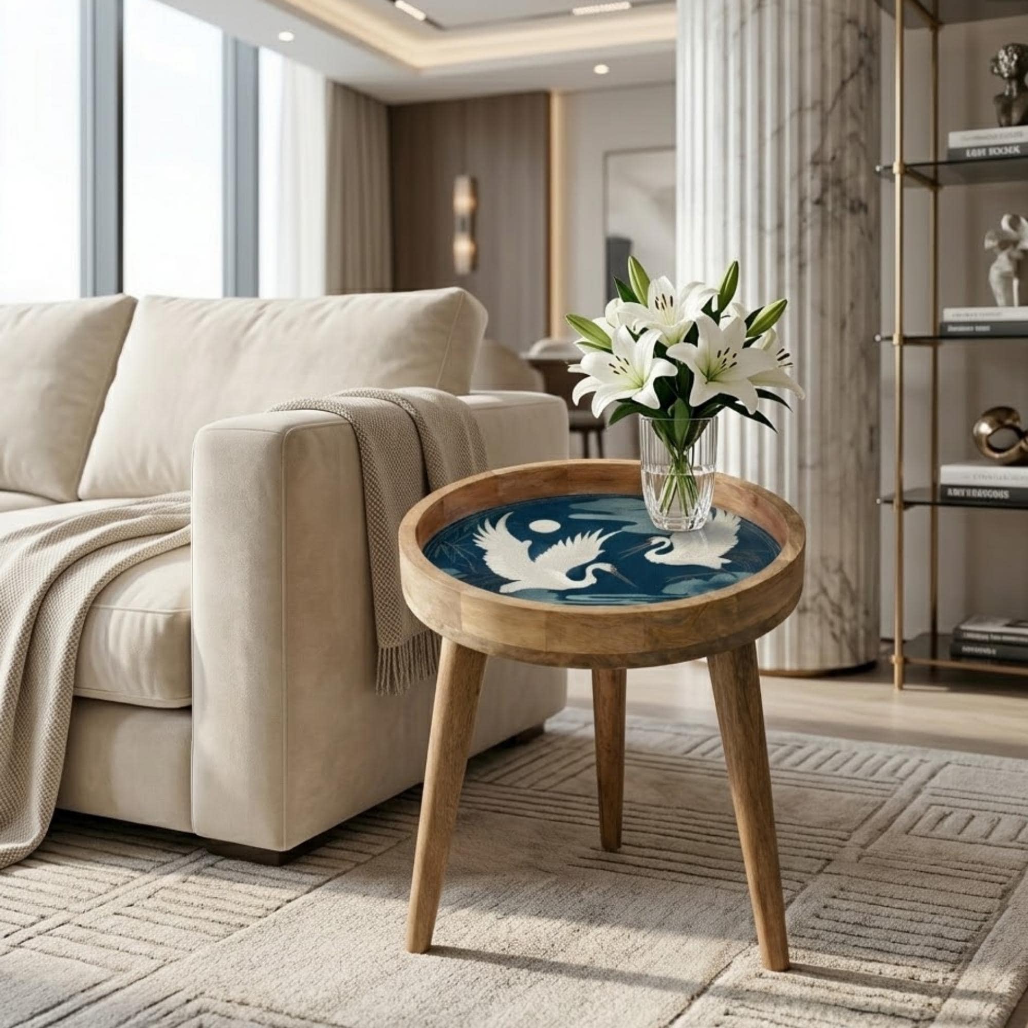 Crane Bird Mango Wood Side Table | Japanese Art Accent Furniture