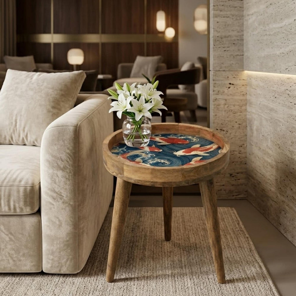 Koi Fish Mango Wood Side Table | Japanese Ocean Artistic Accent Furniture