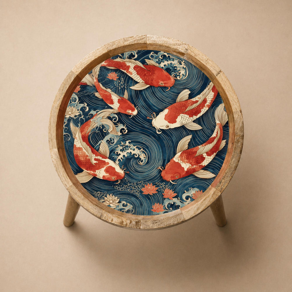Koi Fish Mango Wood Side Table | Japanese Ocean Artistic Accent Furniture