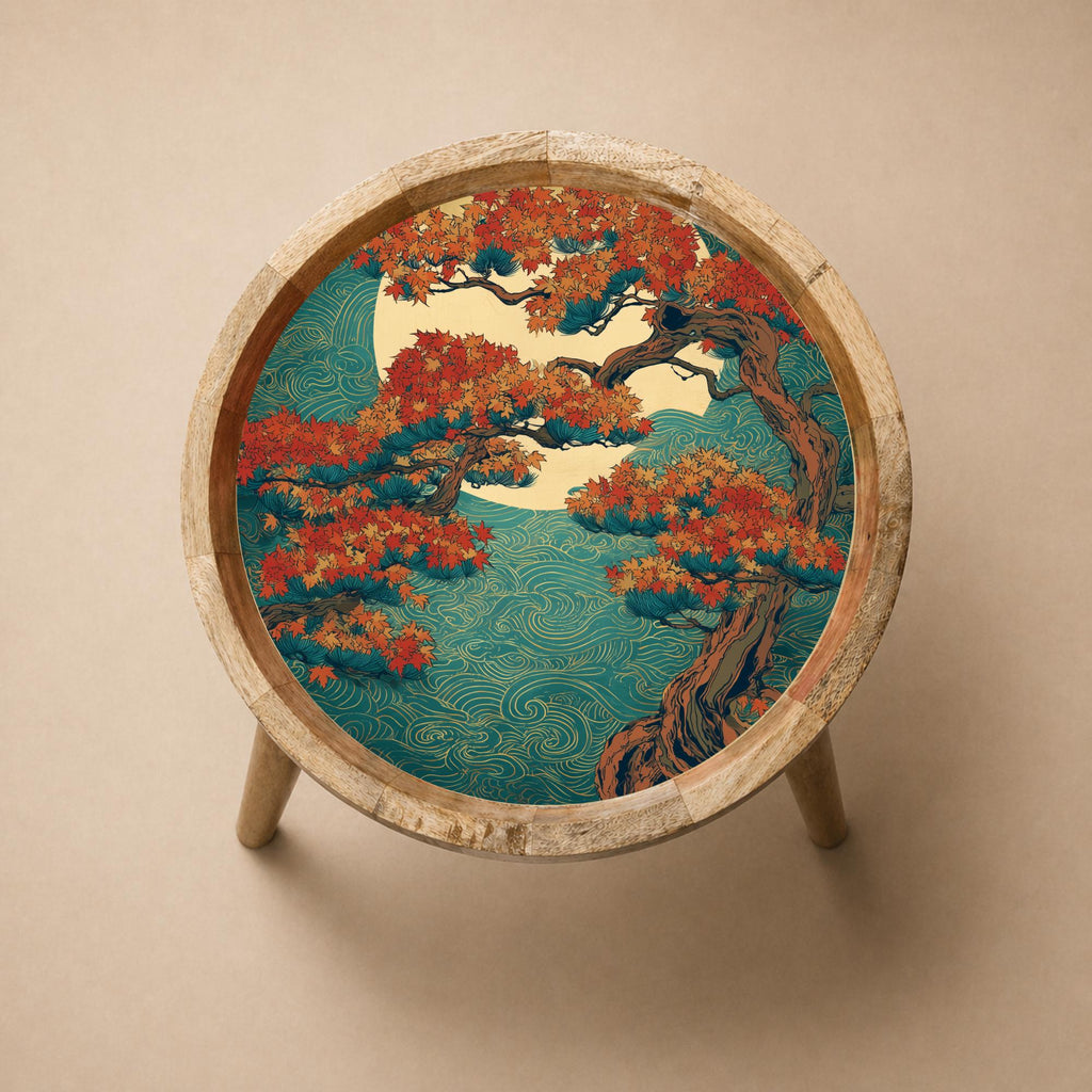 Handmade Mango Wood Side Table | Autumn Tree Japanese Nature Print Accent Furniture